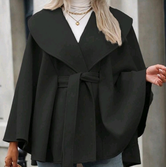 Jackets & Blazers - Women's Solid Color Loose Poncho With Bow Belt, Long Sleeve Lapel Coat